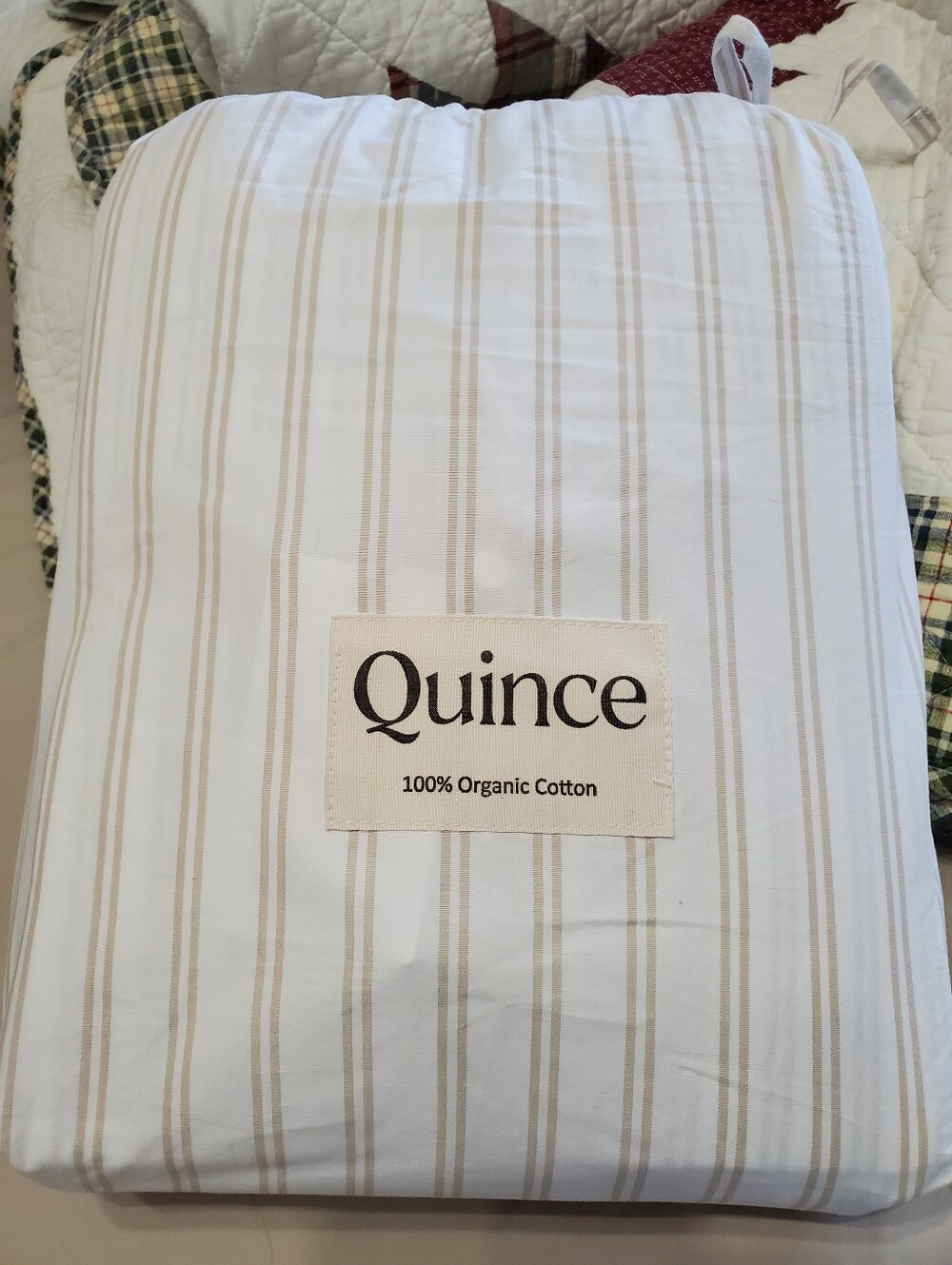 Quince Queen Organic Cotton Percale Double Stripe Sheet Set White Toffee 4PC